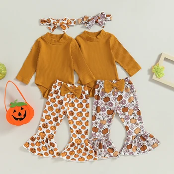 0-24Months Baby Girl Halloween drabužiai Briaunoti ilgomis rankovėmis Romper Pumpkin Print Flare Pants Headband Set Fall Apranga
