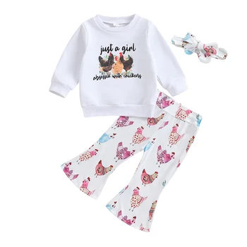 1-4T Kūdikių mergaičių 3 dalių apranga Vištienos atspaudas Marškiniai ilgomis rankovėmis ir platėjančios kelnės Galvos juostos komplektas Rudens mažylių drabužiai