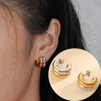 1 Pora Advanced Sense Nerūdijančio plieno dviejų atspalvių poliruoti stori auskarai moterims Dvigubo sluoksnio C formos lankelio auskarai Papuošalai