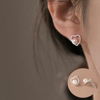 100% 925 svarų sterlingų sidabro perlų meilės širdies auskarai moterims Merginų mada Tuščiaviduris dizainas Papuošalų vakarėlis Dovanų pristatymas