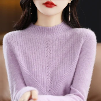 100% grynos vilnos kašmyro megztinis moteriškas pusiau aukštu kaklu megztinis laisvalaikio megztukas rudens ir žiemos moteriškas paltas Korėjietiškas megztinis