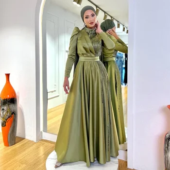 15711# Prabangios pilnos rankovės High Neck Pleat Satin A-line Hijab vakarinė suknelė Wtih karoliukais aplikacijos Women Prom Gown فستان المساء