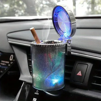 1PCS LED žibintai Peleninė Kūrybinis šviečiantis pelenų dėklas su dangteliu automobilio oro išleidimo puodelio laikikliui Dvejopos paskirties salono atmosfera