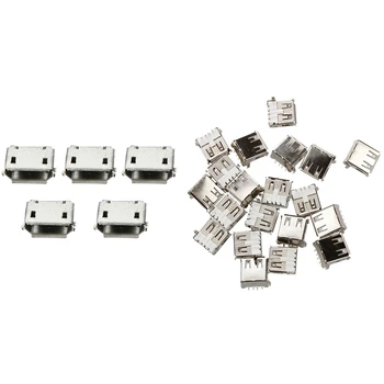 20 USB Female A tipo 4 kontaktų DIP stačiu kampu kištukinis lizdas su 50Pcs Micro-USB Type B Female 5Pin SMT lizdo lizdo jungtis