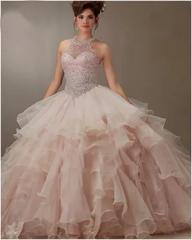 2020 New Arrival Bare Pink Ball Gown Organza Ruffled Beading Quinceanera Dresses Pageant 15 metų suknelė vestido de debiutante