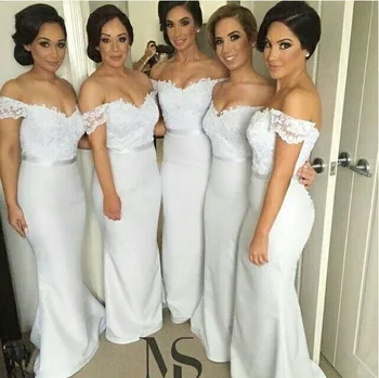 2021 Baltos pamergių suknelės ilgos satino V formos kaklo aplikacijos su rankovėmis Undinės moterys Prom suknelė vestuvių vakarėlio suknelei