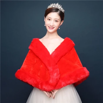 2022 Korėjiečių nauji nuotakos plaukai Skara Vestuvės Šiltas apsiaustas Mažas paltas Vestuvės Pamergė Moteriškas apsiaustas Kailio imitacija Raudona