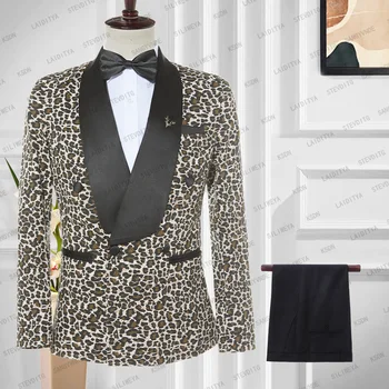 2023 Fashion 2 Pieces Vyriški kostiumai Slim Fit Business Dvispalviai kostiumai Jaunikis Leopardo atspaudas Smokingas vestuvėms (Švarkas+Kelnės)