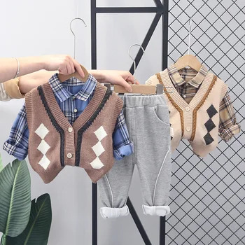 2023 Korėjos pavasario rudens vaikai berniukai 3PCS drabužių rinkinys Megztinio megztinio liemenė Plediniai marškiniai Medvilninės kelnės Kostiumas Baby Boys Apranga