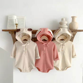 2023 Naujas pavasario ruduo Korėjiečių mažyliai Baby Girls Trikampis Romper Solid Cotton ilgomis rankovėmis Roundneck Boutique smėlinukas Vaikiškas skrybėlė