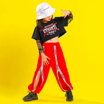 2023 Naujos merginos Hip-Hop Streetwear Šokių drabužiai Vaikai Black Crop Top arba Red Meah paltas arba raudonos kelnės Kostiumas Laisvalaikio apranga