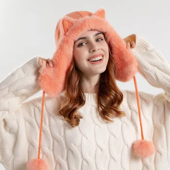 2023 Naujos moteriškos šiltos ausinės Sustorėjo ausį rėžianti skrybėlė Moteriška žieminė pliušinė kailinė skrybėlė Katės ausų kepurė Rusijos bombonešio kepurė variklio dangčiui