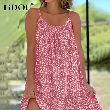 2023 Vasara Nauja U-kaklo berankovė mada Gėlių spausdinimo šleifo suknelė Moterys Laisvalaikis Laisvas Seksualus Ventilate Elegantiškos suknelės