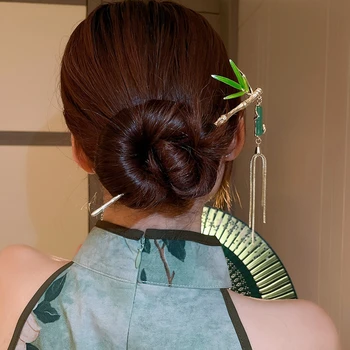 2023 Vintažinis elegantiškas žalias bambuko puokštė plaukų segtukas moterims Retro kinų Hanfu plaukų šakutė Plaukų smeigtukai Lazdelės Papuošalai