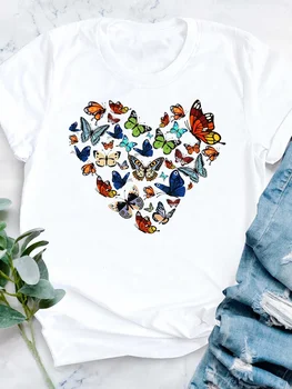 2024 individualumas Valentino dienos moterų meilužių marškinėliai vintažiniai Meilės širdis, sudaryta iš įvairių spalvingų drugelių atspaudų