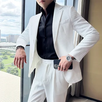 2024-Nauja (kostiumas + kelnės) Vyrų mada Vienspalvis verslas Laisvalaikis plonai prigludęs itališko stiliaus džentelmenų vestuvinis klubo atlapo apykaklės kostiumas