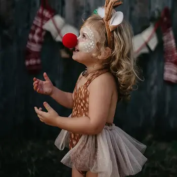 2PC Christmas Baby Girl Romper Animacinis filmas Elnias Tiulis Blizgučiai Kombinezonas Galvos juosta Kalėdų vakarėlio kostiumai Vaikiški drabužiai be nugaros 3-24M