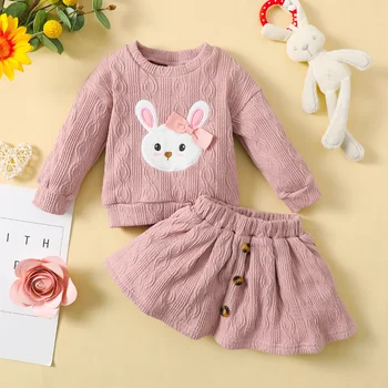 2PCS Girls Pink Rabbit siuvinėtas viršus+Trumpas sijonų komplektas Merginos Sijonas ilgomis rankovėmis Kostiumai Mieli laisvalaikio drabužių rinkiniai Pavasaris ir ruduo