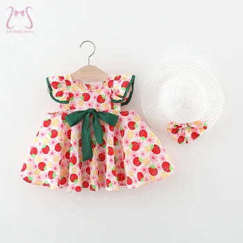 2Vnt/Komplektas Braškinės Mergaitės Suknelės Vasariniai vaikiški drabužiai Apvaliu kaklu Berankovis mažylis Vaikiškas kostiumas Nuo 0 iki 3 metų
