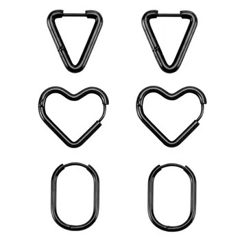3 porų rinkiniai Vyriški nerūdijančio plieno lankai Auskarai Apskritimas/Trikampis/Meilės širdis/Ovalo formos Apkabinimo lankai Auskarai moterims vyrams