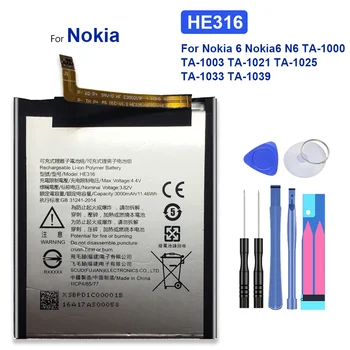3000mAh HE316 Mobiliojo telefono baterija Nokia 6 Nokia6 N6 TA-1000 TA-1003 TA-1021 TA-1025 TA-1033 TA-1039 Pakaitinė Batteria