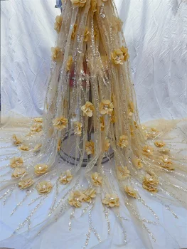 3D gėlių nėrinių audinio siuvinėjimo tinklas Didelis gėlių Afrikos Nigerijos blizgučių tiulis 3D aplikacijos tinklas vestuvių vakarinės suknelės siuvimui