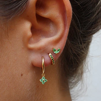 3PCS Nerūdijančio plieno žalio krištolo cirkonio lankų auskarų rinkinys moterims Geometrinė kremzlė Auskarų vėrimas Auskarai Mados papuošalai