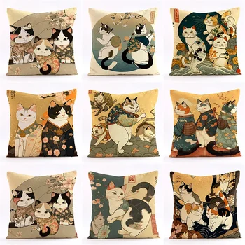 40/50cm japoniško stiliaus Kimono Cat pagalvėlės užvalkalas Lininė medžiaga Automobilinė pagalvė Sofa Kvadratinė pagalvė Užvalkalas Namų dekoravimas