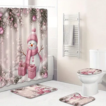 4vnt Rožinis šalikas Sniego senio dušo užuolaida, vandeniui atspari dušo užuolaida su 12 kabliukų, vonios kilimėlis, tualeto U formos kilimėlis, WC dangtis C
