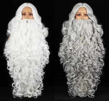 75cn/30Inch Kalėdų Kalėdų Senelio barzda Ilgas baltas ir pilkas garbanotas sintetinių plaukų perukas Cosplay Vyrai Burtininkas Plaukų aksesuarai