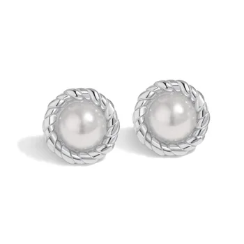 925 Gryno sidabro auskarai, apvalūs moteriški, prancūziško stiliaus, perlų įdėklai, universalūs auskarai