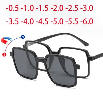 9506 Naujas retro akinių nuo saulės rinkinys Vyrai Didelis kvadratinis magnetinis spaustukas Saulės akiniai TR rėmelis Prescriptio -0,5 -1,0 -2 iki -6