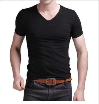 A2894 Summer Hot Sale T- Marškinėliai Nauji vyriški V kaklo viršutiniai marškinėliai Ploni Fit marškinėliai trumpomis rankovėmis Vienspalviai laisvalaikio marškinėliai