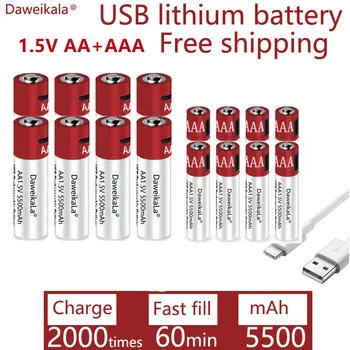 AA + AAA 2021 nauja didelės talpos 5500mah įkraunama ličio jonų baterija AA 1,5V USB greito įkrovimo ličio jonų baterija