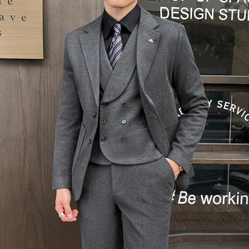 Advanced Sense (Blazer+ Liemenė + Kelnės) Vyrų mados džentelmenas Britų stilius Žvaigždžių audinio jaunikis Vestuvinė suknelė Vyriškas verslo kostiumas
