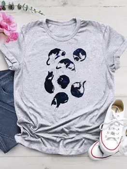 Akvarelės katės tendencija Mieli saldūs grafiniai marškinėliai Vasariniai drabužiai Mada O-kaklas Tee Top Trumpomis rankovėmis Moteriški drabužiai Spausdinti marškinėliai