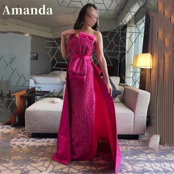 Amanda Sexy Tube Top Bow Tie فساتين سهره فاخره2023 Pink Glitter Sequin Mermaid Prom Suknelės Nuimama uodega Vestidos De Noche