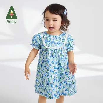 Amila mergaitės suknelė 2023 vasara Nauja 100% medvilnė Prancūziškos gėlėtos ir elegantiškos suknelės burbulinėmis rankovėmis Vaikiški drabužiai