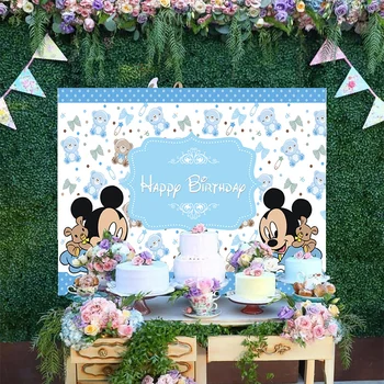 Animacinis filmas Disney naujagimis peliukas Mikis Mėlyni taškai Fotografija Fono dekoravimas Baby Girl Happy Birthday Party Fonas