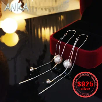 ANKA Naujas S925 sidabro kutas temperamentas moteriški auskarai Kiniško stiliaus ilgi perlų auskarai retro anti-loss ausų viela