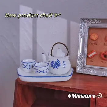 Arbatos vakarėlis Dekoras Miniatiūrinis keraminis arbatos rinkinys Dekoravimas lėlių nameliui Lėkštė Arbatinukas Arbatos puodeliai Figūrėlės Mini simuliacinis maisto žaidimas