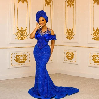 Aso Ebi Puošnios vakarinės suknelės Karališki mėlyni blizgučiai Karoliukai Undinėlė Moterys Oficiali proga Vestuviniai prom chalatai Afrikietiškas chalatas