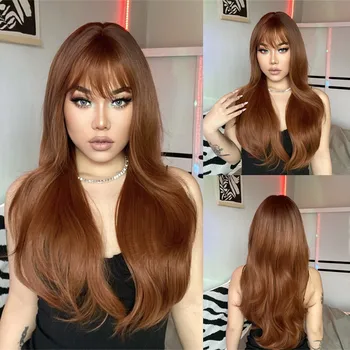 Auburn Perukai moterims Sluoksniuotas perukas su kirpčiukais Ilgi tiesūs plaukai Perukas Variniai rudi perukai Natūralūs sintetiniai plaukai Karščiui atsparūs perukai