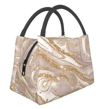 Aukso ir grietinėlės marmuro raštas Termiškai izoliuotas pietų krepšys Moterų geometrinis atspaudas Nešiojamas pietų tote saugojimas Maisto dėžutė