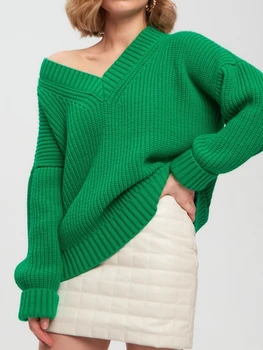 Autumn Women's Oversize Sweater Green V-neck Knitted Fashion Female Sweaters 2023 Storas džemperis ilgomis rankovėmis Moteriškas kietas megztinis