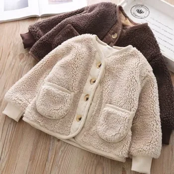 Avinėlio aksomas Šilta vaikiška striukė Ruduo Korėjos berniukų drabužiai mergaitėms Kardiganas Granuliuotas aksomas Laisvas paltas mergaitėms