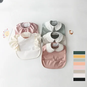 Baby Bibs INS Nordic Style Infant Boy Girl Waterproof Soft PU Bib Meal Protection Feeding Burp Cloth with Pocket Easy Clean