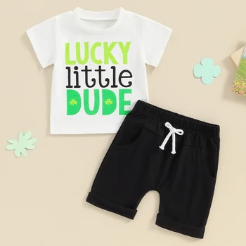 Baby Boy St Patrick s Day Clothing Outfit Letter Clover Trumpomis rankovėmis marškinėliai Top Elastic Waist Shorts Set