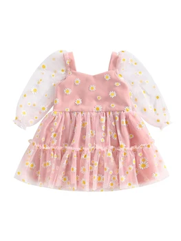 Baby Girl Floral Nėrinių A-Line suknelė su Bowknot akcentu ir rauktu tiulio sijonu ypatingoms progoms