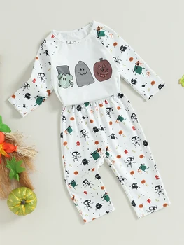 Baby Girl Halloween kostiumas Mažylio drabužiai Moliūgų atspaudas Suknelė ilgomis rankovėmis Suknelė Antblauzdžiai 2Vnt Aprangos komplektas Kūdikių Helovinas